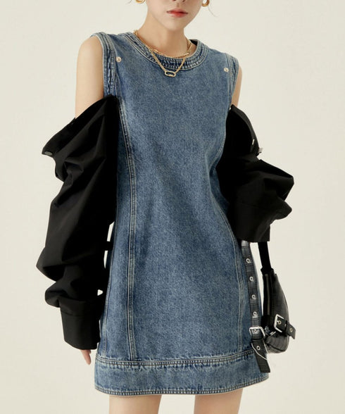 Detachable Sleeve Denim Mini Dress
